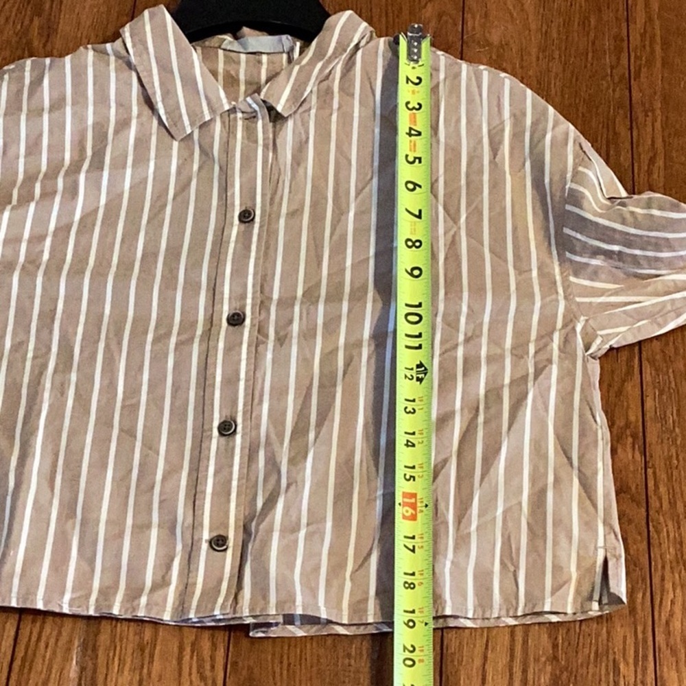 Everlane boxy cotton tan and white striped button down pajamas top. ❗️NEW. Sz SM - Picture 7 of 11